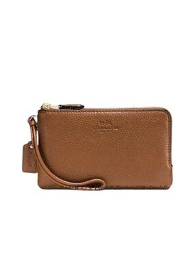 Coach F66505 Pebble Leather Double Corner Zip Wristlet, IM/Saddle
